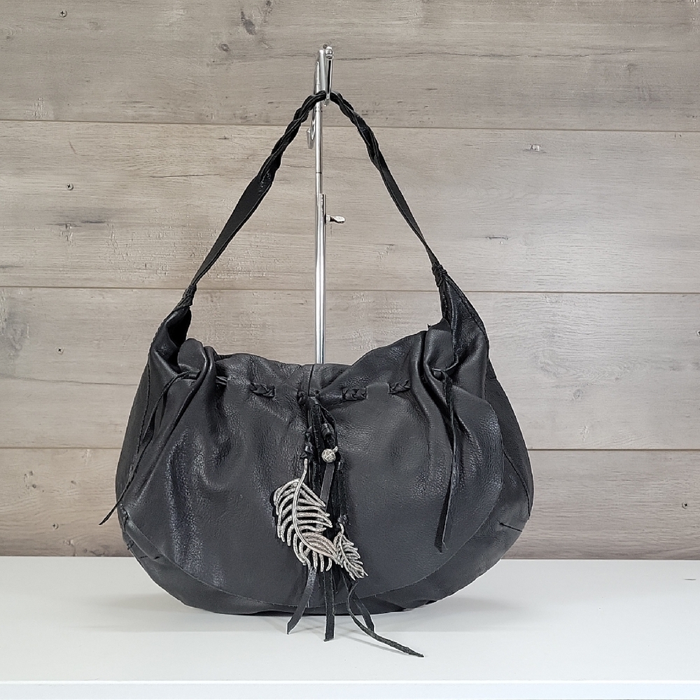 Lucky Brand Black Leather Hobo Shoulder Bag with Tassel Accent